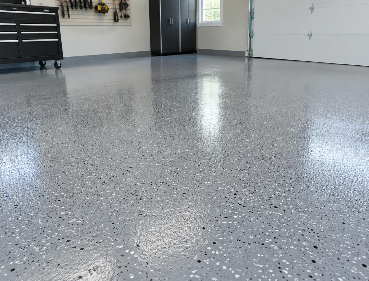Close view of a finished flake epoxy floor